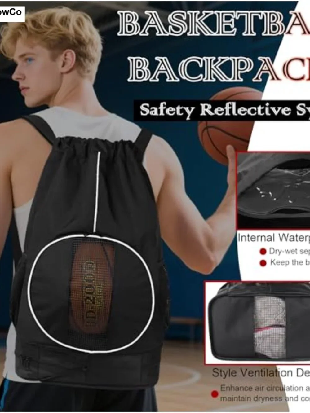 45L Drawstring Basketball Backpack with Shoe Compartment & Wet Pockets Gym Bag